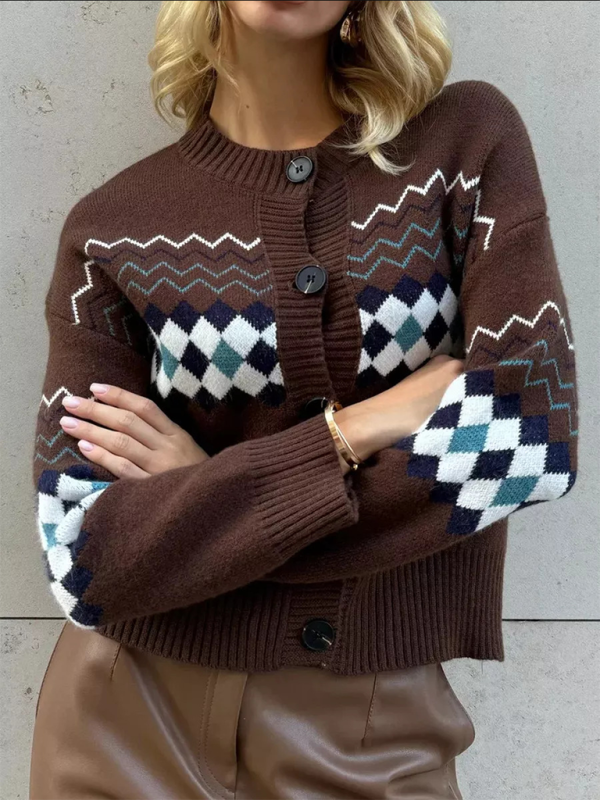 Detailed view of brown argyle knit pattern cardigan
