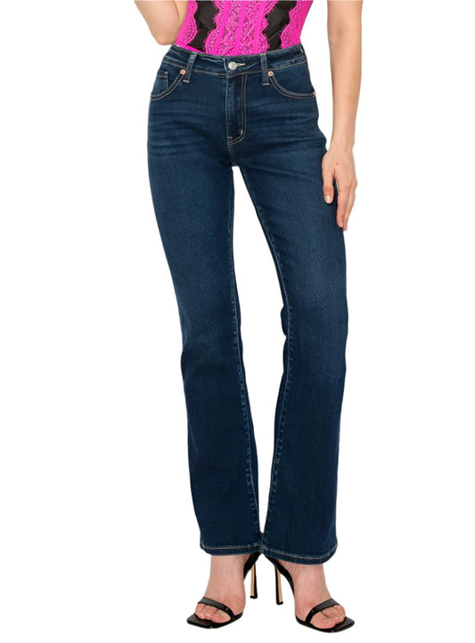 High-rise skinny bootcut jeans in dark wash denim.