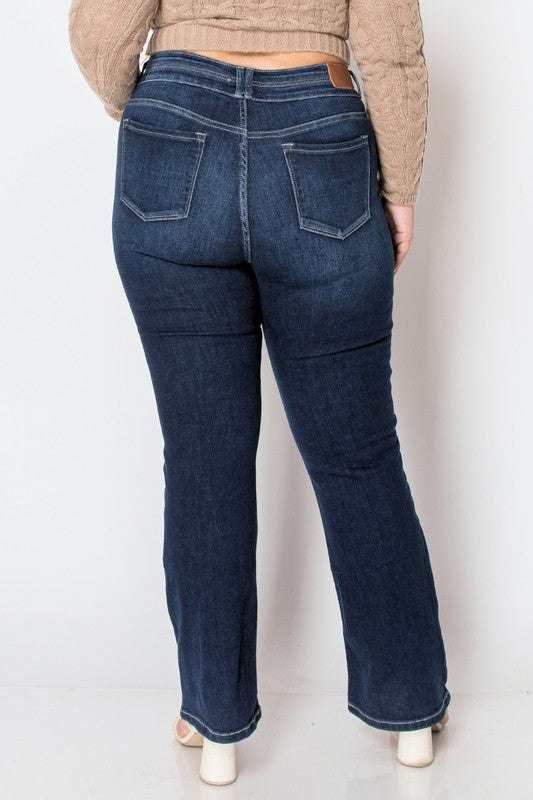 Women's plus size dark wash bootcut jeans with high waist and double waistband.
