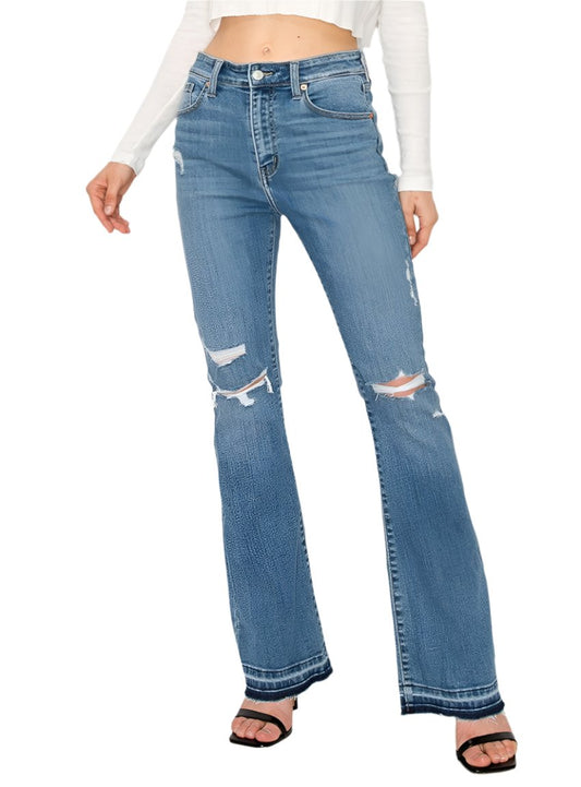 Front view of Artemis Vintage High Rise Skinny Bootcut Jeans with distressed details.