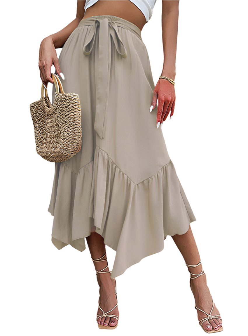 Front view of asymmetrical hem woven midi skirt
