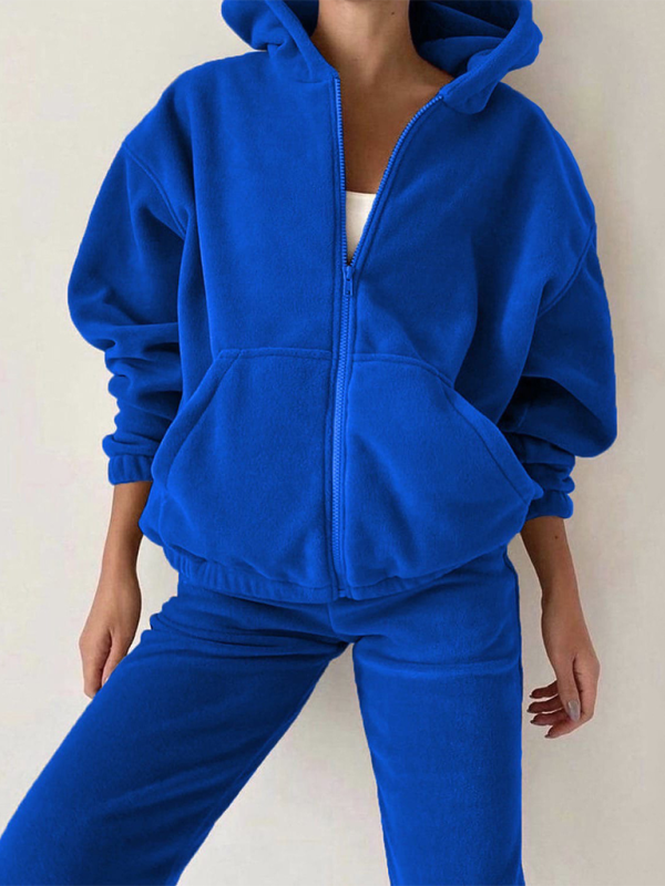 Closeup of the casual blue hooded sweater set in soft polyester fabric.
