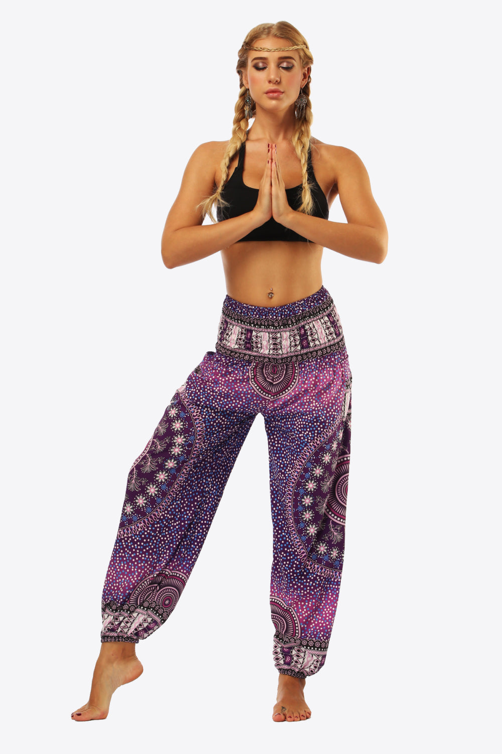 Soft and breathable purple boho harem pants with pockets.
