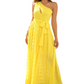 Yellow bridesmaid dresses featuring a one-shoulder design, waist tie, and elegant, flowing fabric.