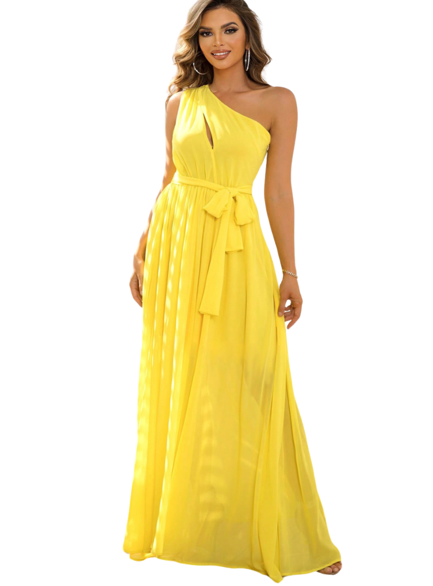 Yellow bridesmaid dresses featuring a one-shoulder design, waist tie, and elegant, flowing fabric.