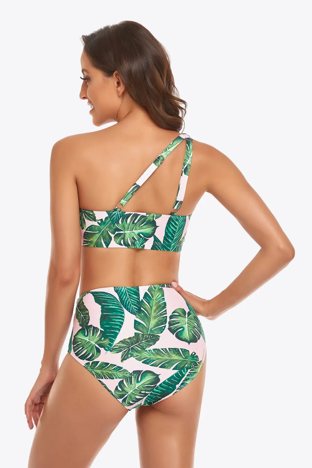 Tropical Ruffled One-Shoulder Bikini Set with a chic buckle. Flattering, high-waisted, available in 4 colors. Perfect for a stylish summer.