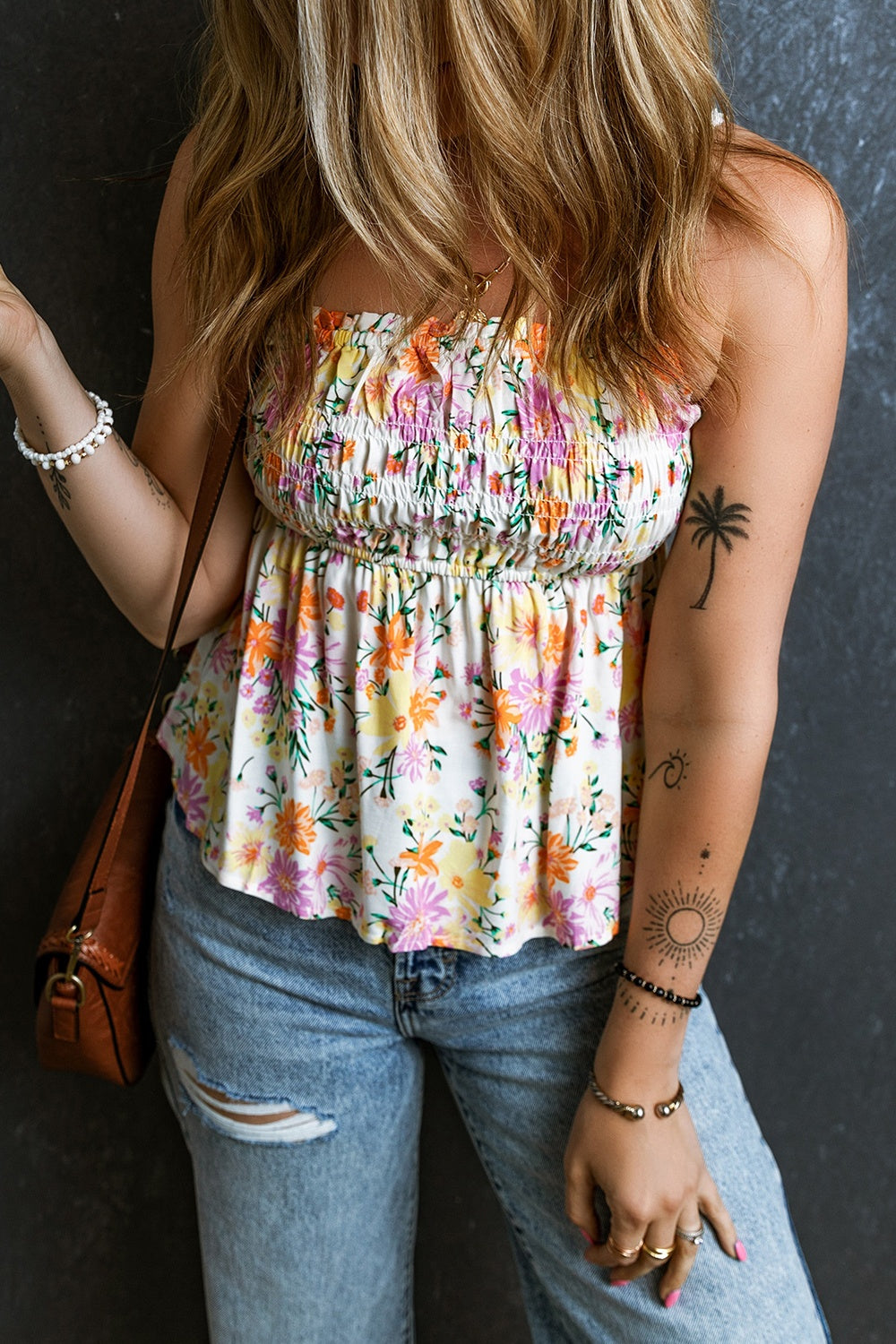 Floral Print Smocked Square Neck Cami