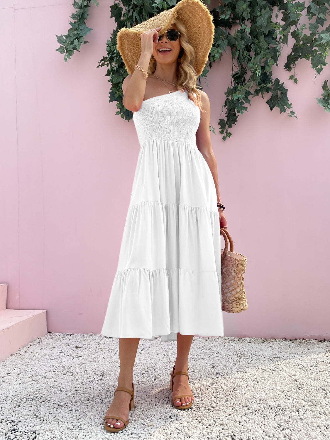 Discover the chic Smocked Single Shoulder Dress! Perfect for any occasion, available in 5 colors. Your go-to for effortless style and comfort.