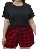 Black short-sleeve top with red and black plaid shorts, plus size lounge set