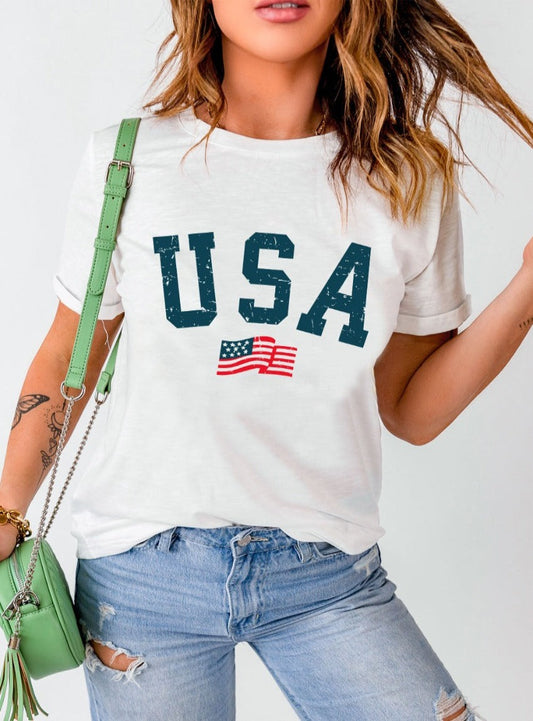 Shop the USA Round Neck T-Shirt for a comfy fit and patriotic style. Perfect for any casual occasion. Show your pride!