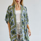 Flowy blue and green kimono with detailed geometric prints