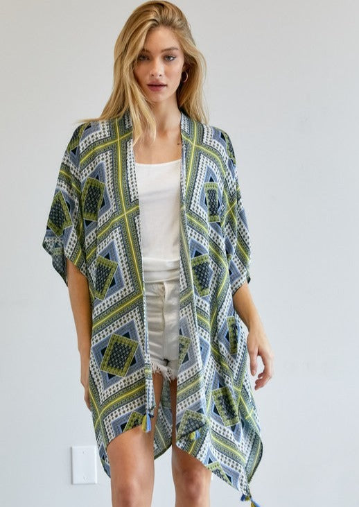 Flowy blue and green kimono with detailed geometric prints