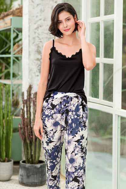 Elevate your loungewear with our chic Lace Trim Cami & Floral Pants Set - perfect for relaxed days in or stylish outings.