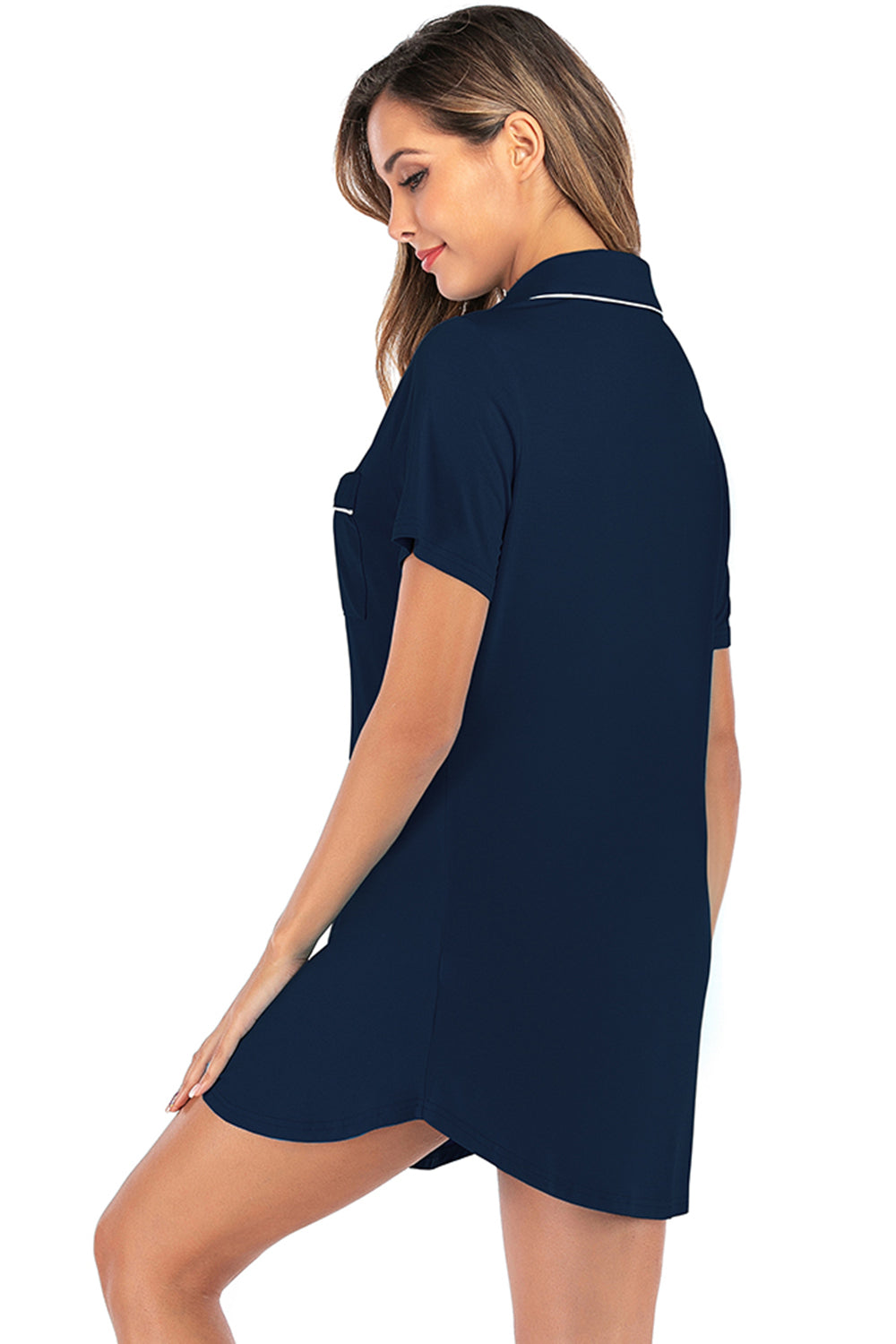 Chic short sleeve lounge dress with contrast piping and pockets, in sky blue, black, and navy. Perfect blend of comfort and style for any occasion