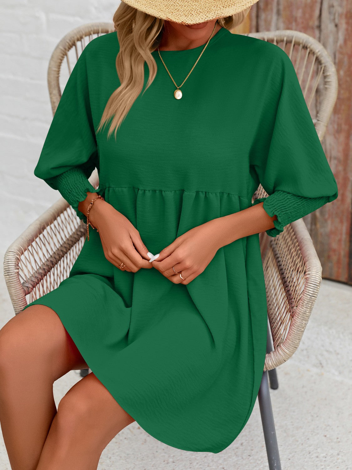 Chic Round Neck Lantern Sleeve Mini Dress for a stylish look. Perfect for any occasion, easy to style, and comfortable all day long