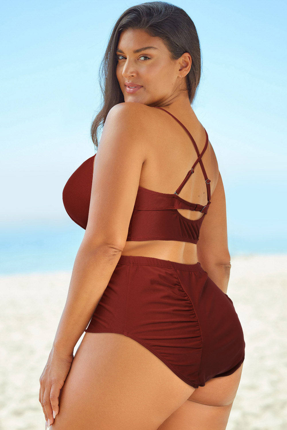 Chic Full Size Halter Swimsuit with crisscross top & ruched bottom for a flattering fit. Available in brick red & black - perfect for beach days!