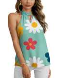 Light Green Grecian Neck Retro Flower Print Tank Top