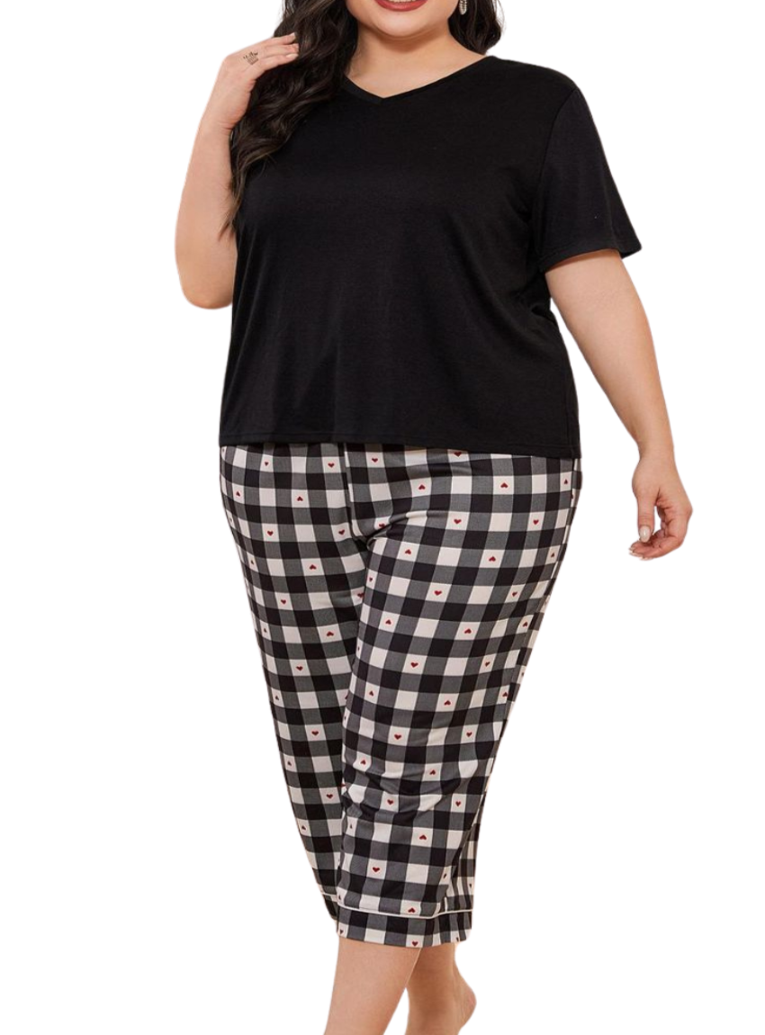 Lounge in style with our V-Neck Tee & Plaid Cropped Pants Set. Perfect blend of comfort and chic for everyday wear