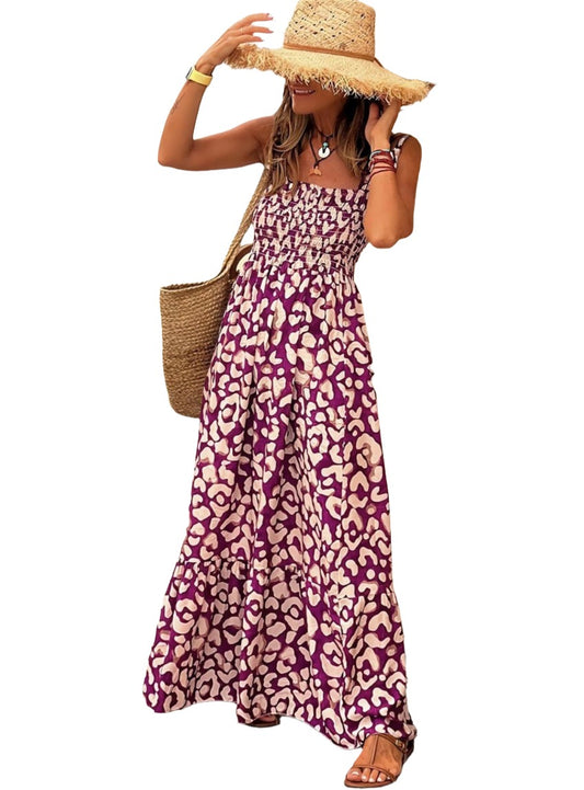 Boho Chic Maxi Dress in wine color with adjustable straps and bohemian pattern