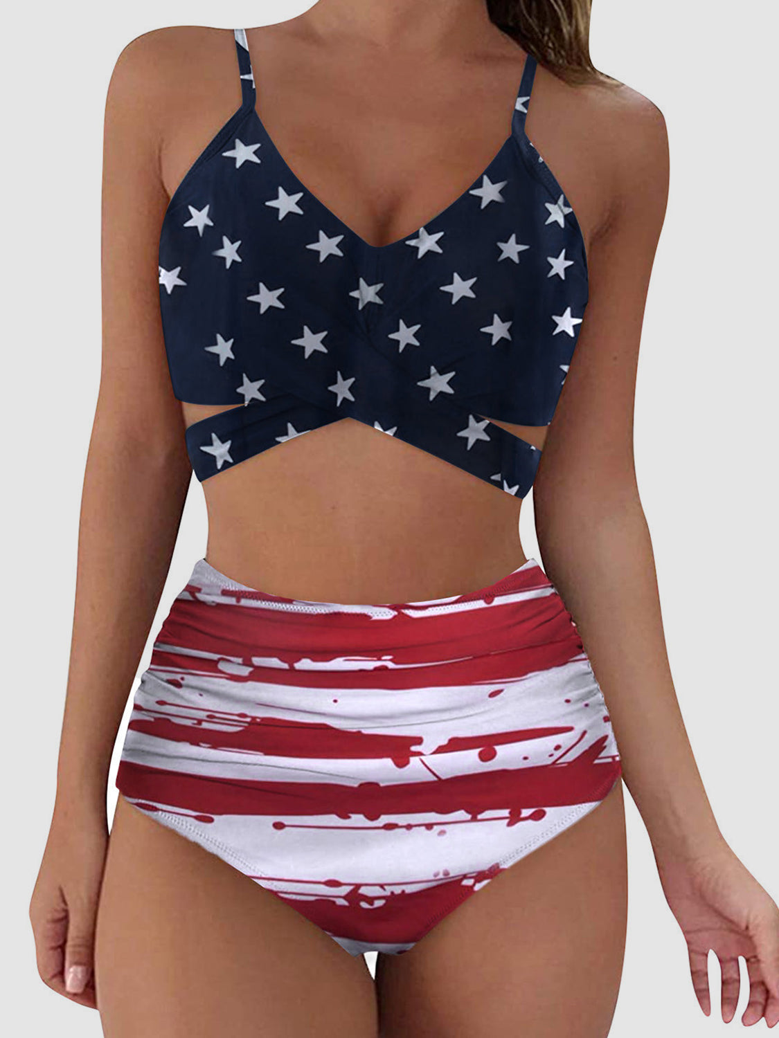 Flag Printed High Waisted Wrap Strap Bikini