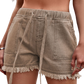 Versatile & stylish Drawstring Denim Shorts with a chic raw hem. Perfect for summer days & available in a variety of colors