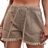 Versatile & stylish Drawstring Denim Shorts with a chic raw hem. Perfect for summer days & available in a variety of colors