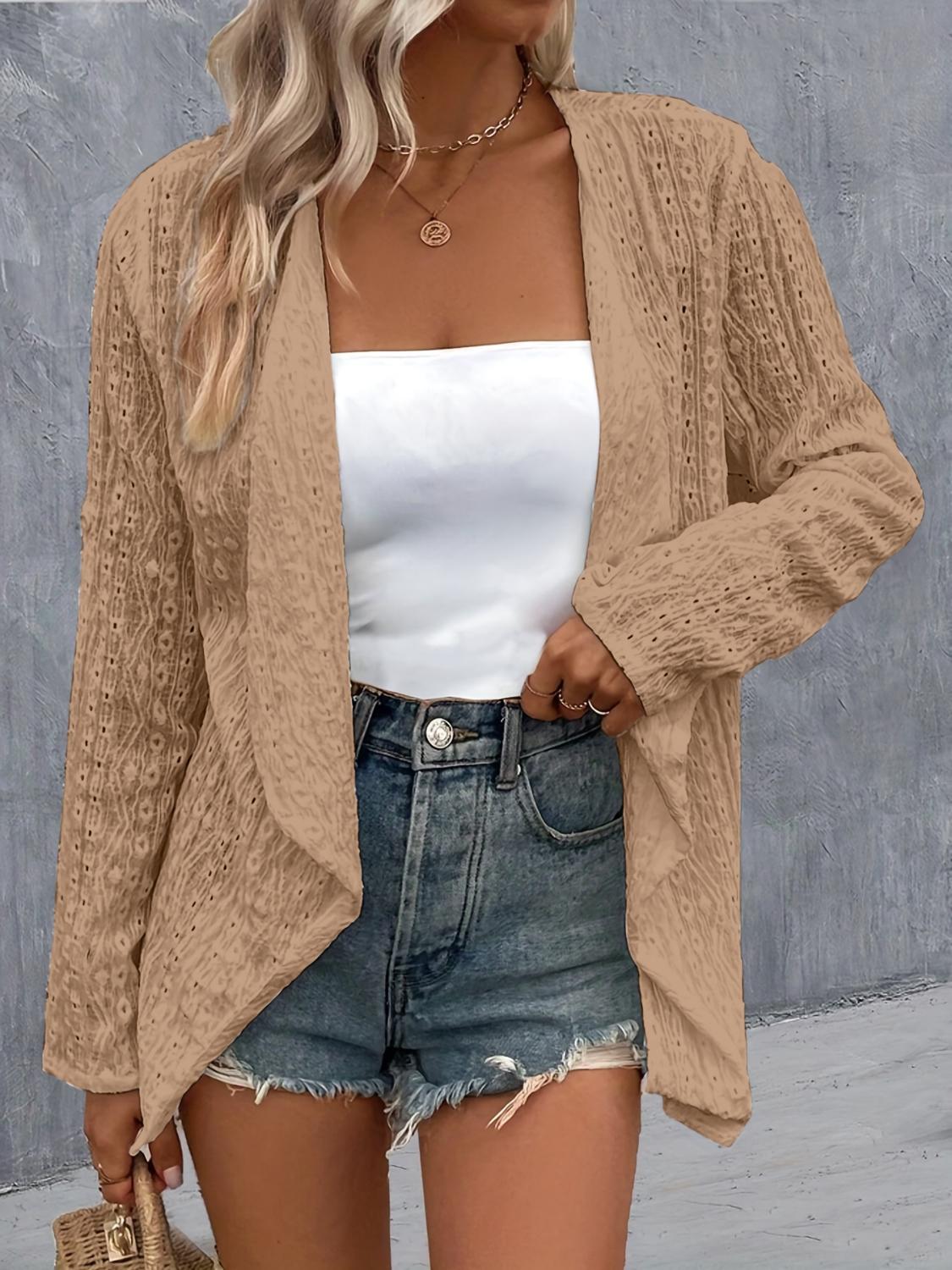 Soft and breathable tan open-front cardigan.