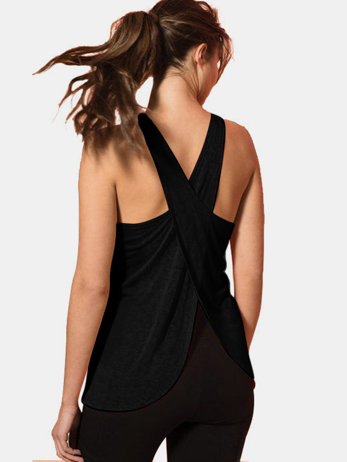 Black Crisscross Scoop Neck Active Tank Top with stylish cross-back detail.