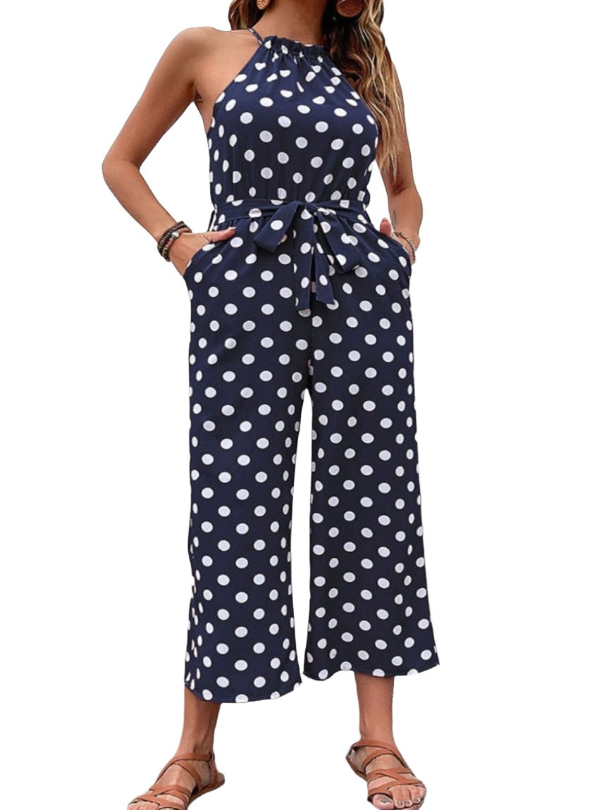 Elegant Polka Dot Grecian Jumpsuit in pink, navy, or red. Perfect for a sleek look with comfort and versatility for any occasion