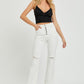 Distressed white jeans with a high waist and button front.