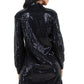 Back view of a black sequin shirt dress, highlighting the comfortable and stylish fit.
