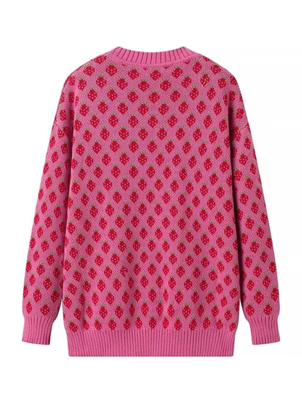 Back view of the pink strawberry knit sweater, highlighting its sweet pattern and comfortable fit.

