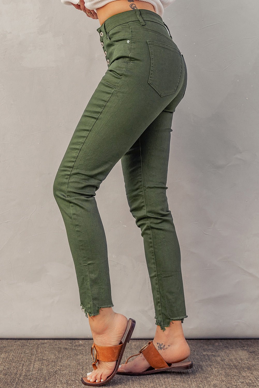 Baeful Button Fly Hem Detail Grey Skinny Jeans - Whimsical Appalachian Boutique