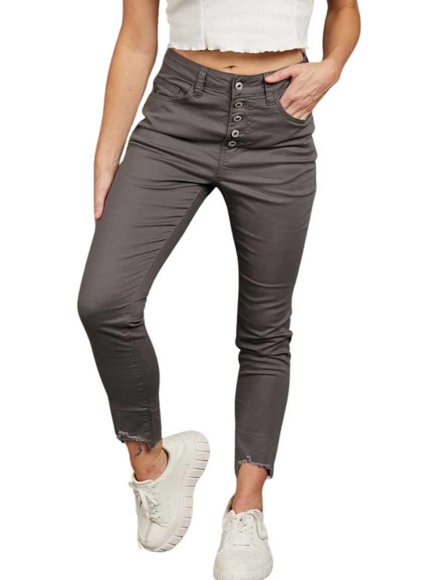 Baeful Button Fly Hem Detail Grey Skinny Jeans - Whimsical Appalachian Boutique