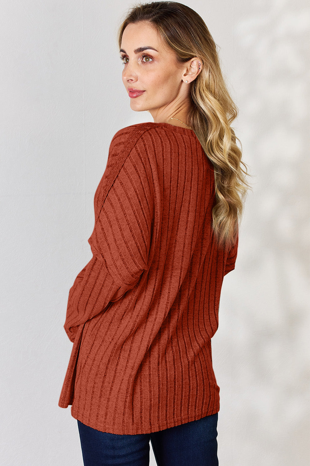 Basic Bae Ribbed Half Button Long Sleeve T-Shirt in orange