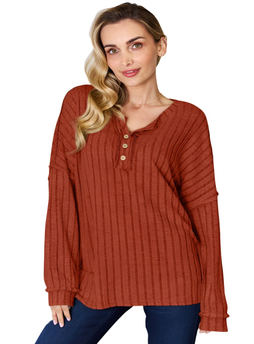 Basic Bae Ribbed Half Button Long Sleeve T-Shirt in orange