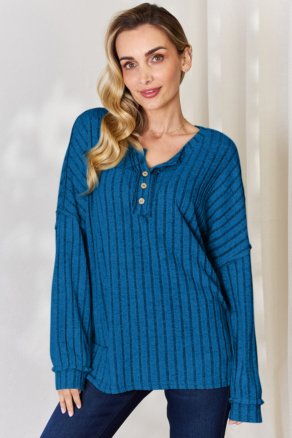 Comfortable ribbed long sleeve shirt by Basic Bae in blue