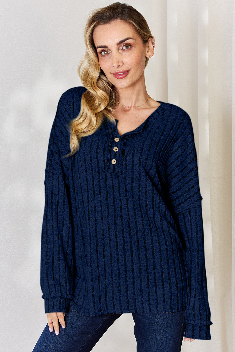 Ribbed half button long sleeve shirt by Basic Bae in navy