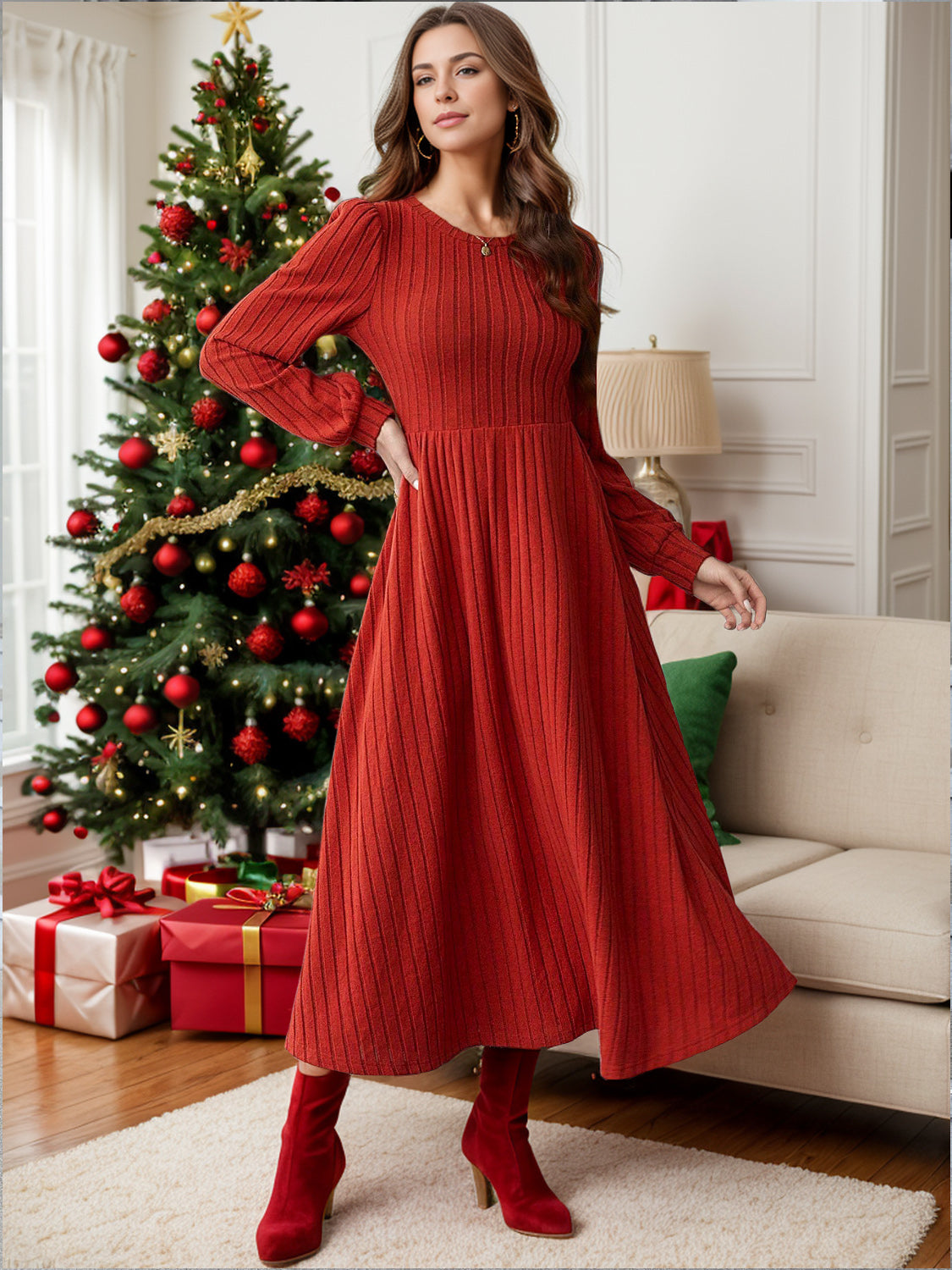 long sleeve design on red maxi dress
