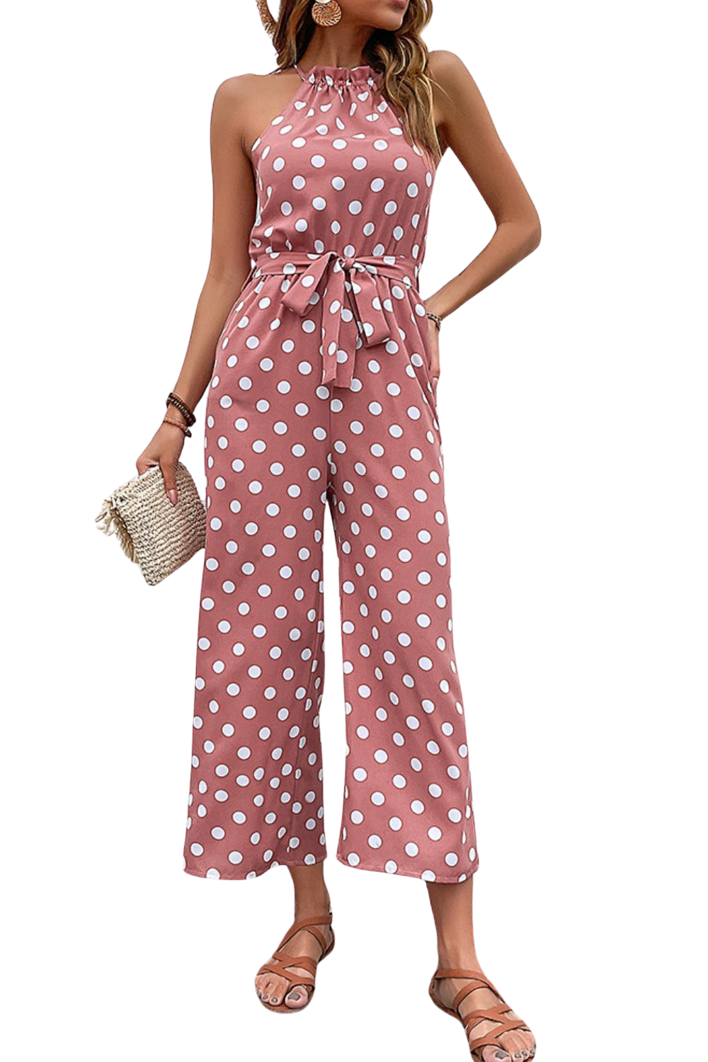 Elegant Polka Dot Grecian Jumpsuit in pink, navy, or red. Perfect for a sleek look with comfort and versatility for any occasion