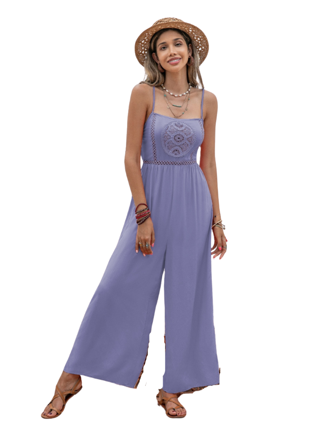 Elevate your summer style effortlessly with our Openwork Spaghetti Strap Wide Leg Jumpsuit. Lightweight, versatile, and chic in lavender or coral