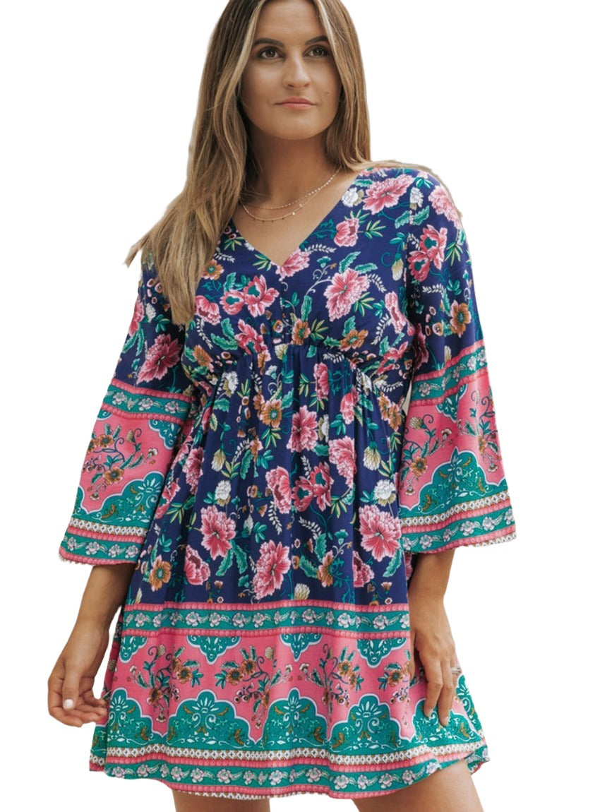 Lightweight and breathable boho chic floral mini dress with a flowy fit