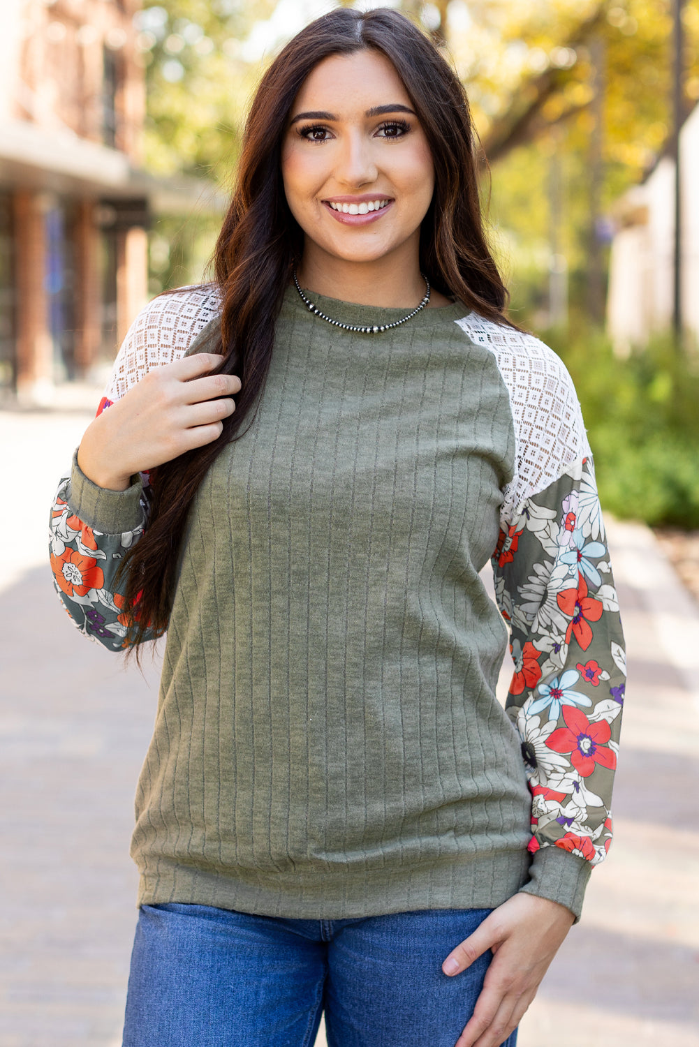 Laurel Green Floral Patchwork Ribbed Blouse