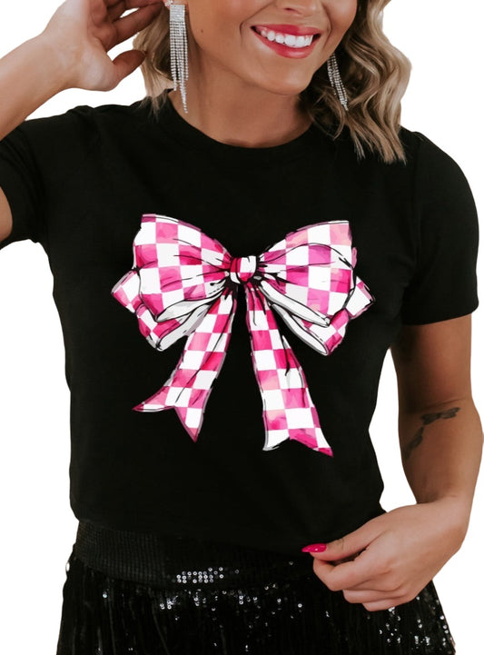 Pink and white bow graphic on a black short-sleeve t-shirt.