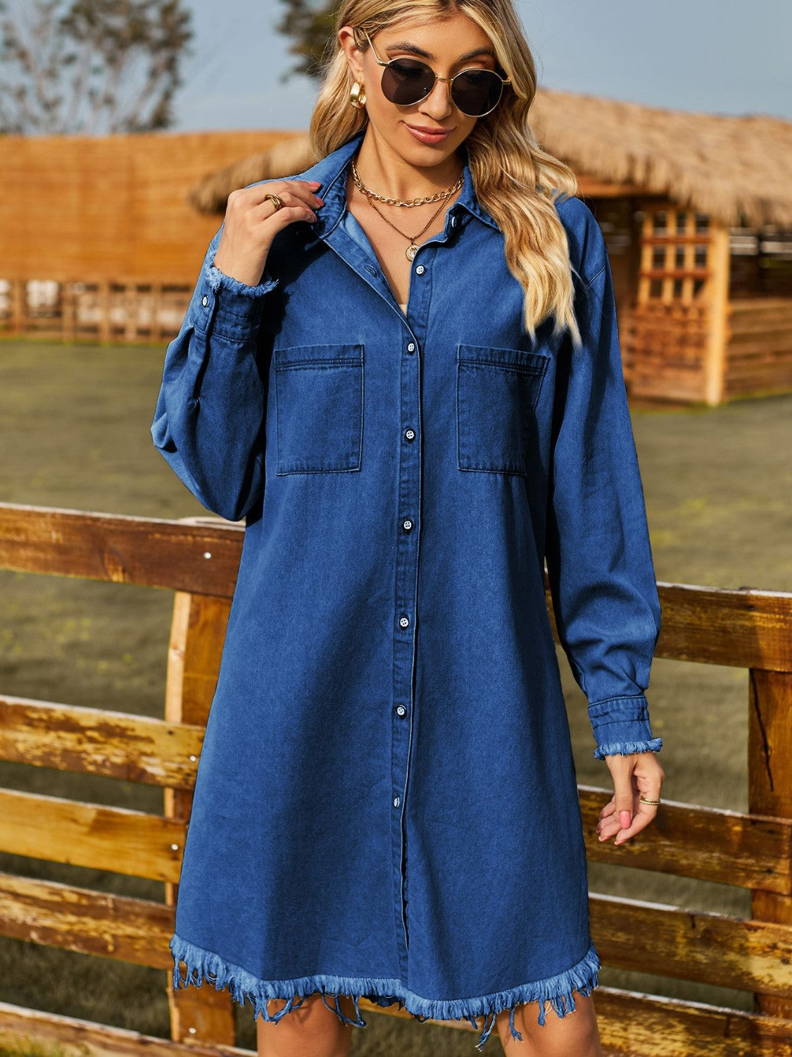 Shop the versatile denim dress with a chic raw hem and flattering waistline—perfect for casual outings and effortless style.