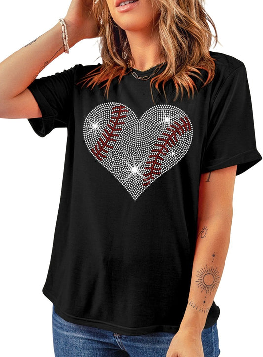 Black tee showcasing a rhinestone heart and baseball stitching pattern.