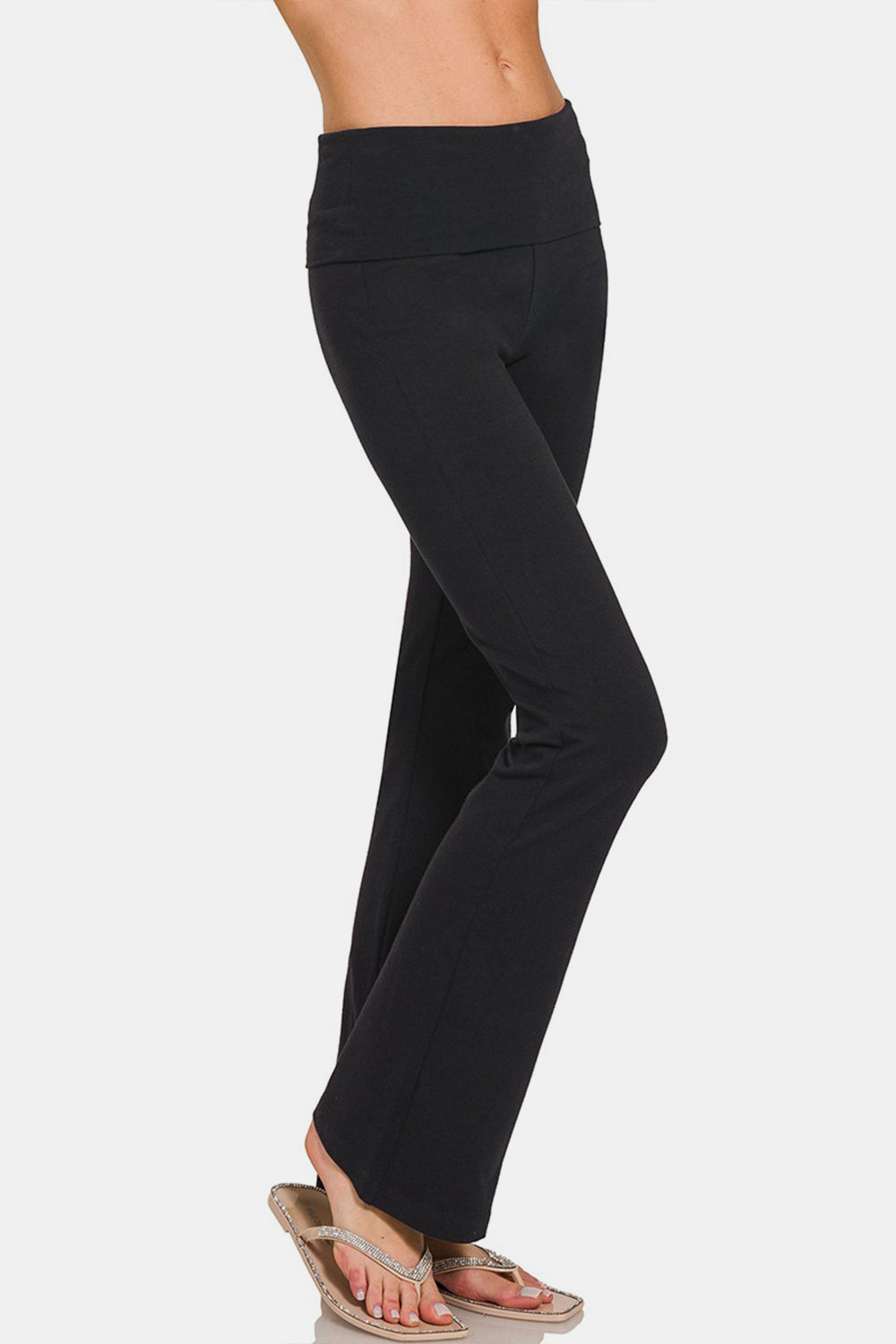 Black yoga pants designed for flexibility and comfort