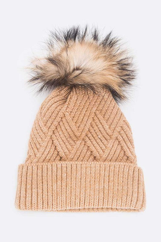 Beige cable knit winter hat with soft faux fur pom
