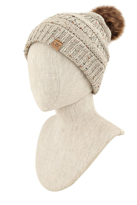 Trendy beige confetti beanie made with cruelty-free materials.
