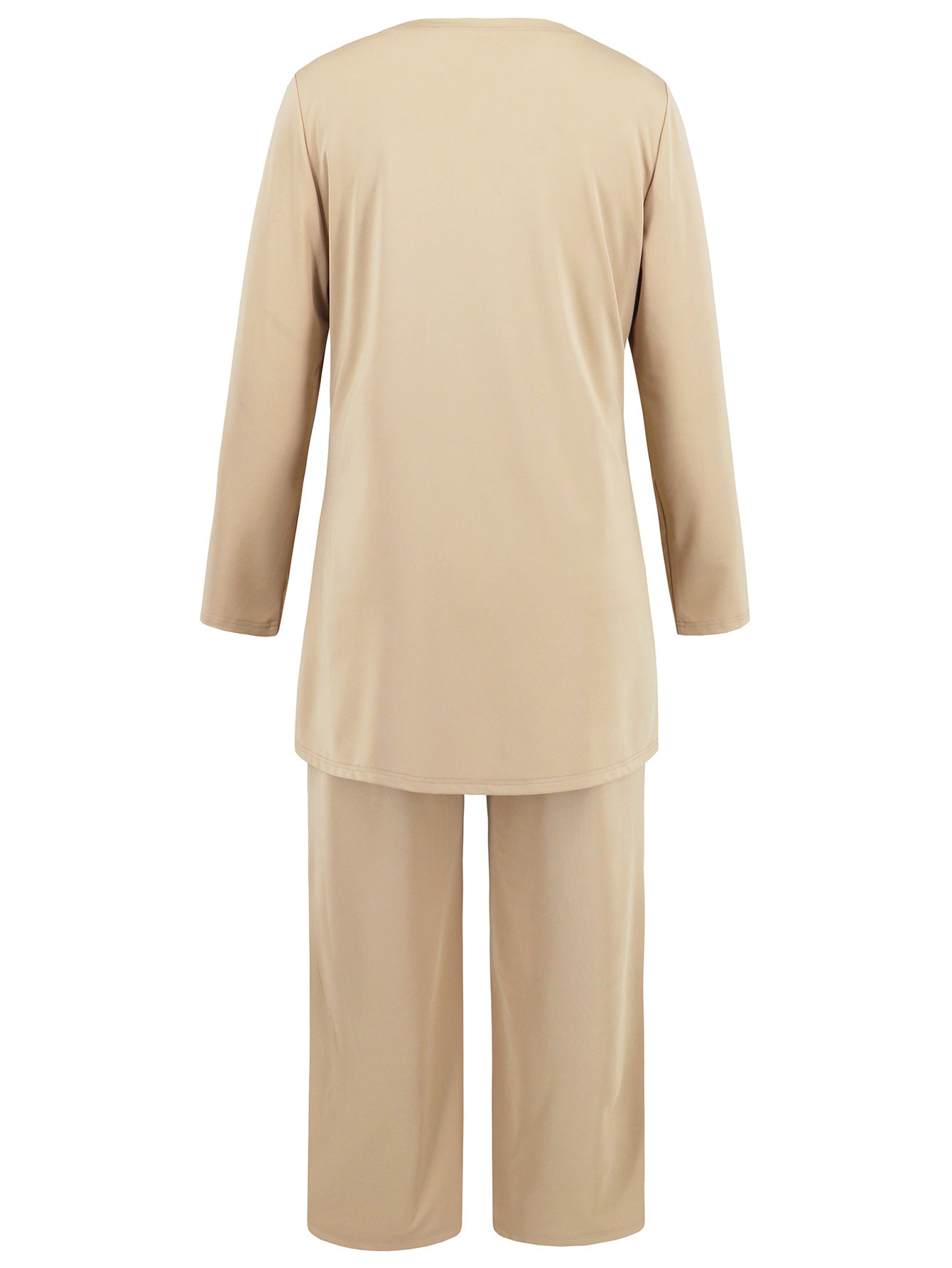 Classy beige wide-leg pant suit for women with matching jacket and top
